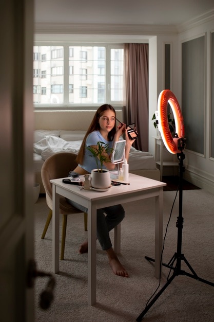 Full shot girl recording her makeup routine