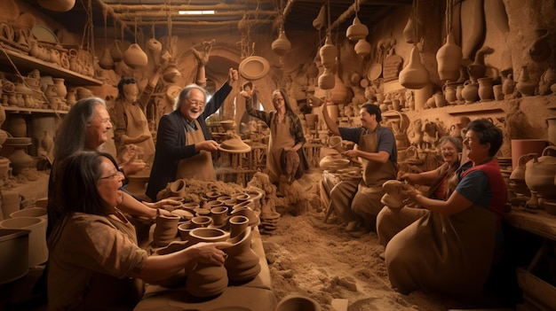 写真 陶器を作っている幸せな人々のフルショット