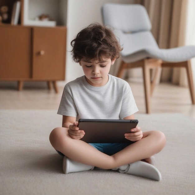 Photo full shot kid using tablet indoors