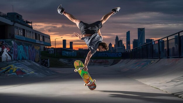 Full shot man doing tricks with skateboard