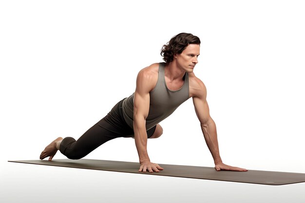 Full shot man doing upward facing dog on yoga mat inside