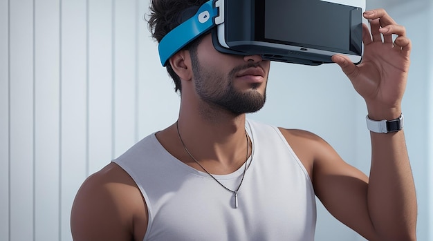Full shot man experiencing virtual reality