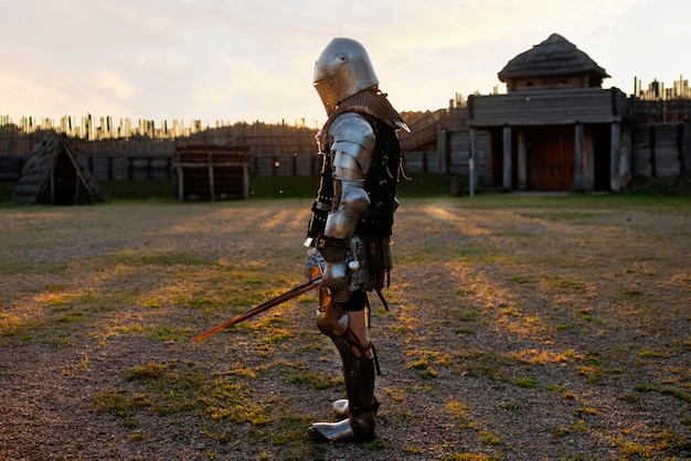 中世の兵士としてポーズをとる男性