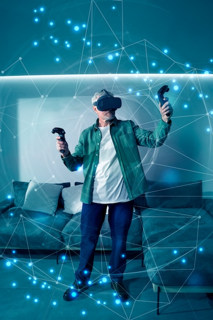 full shot man wearing vr glasses