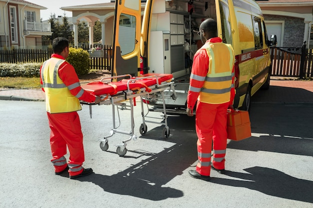 Full shot paramedics and ambulance car