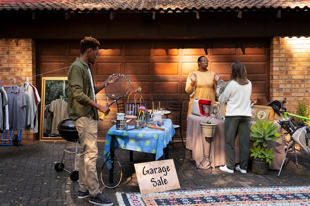 Photo full shot people at garage sale