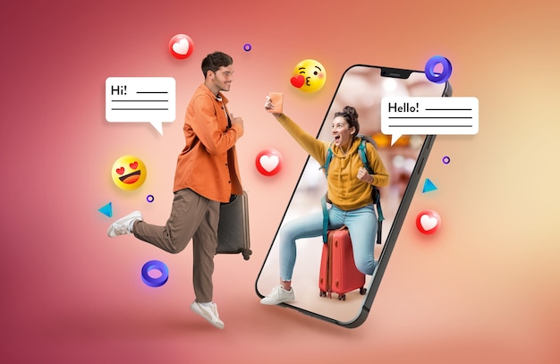 Photo full shot people use apps to make friends