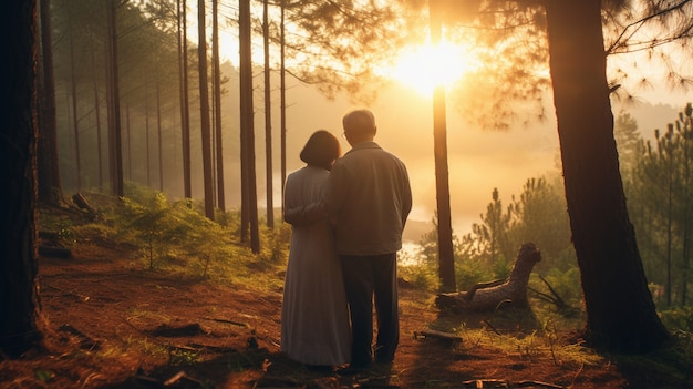 Full shot romantic couple in forest