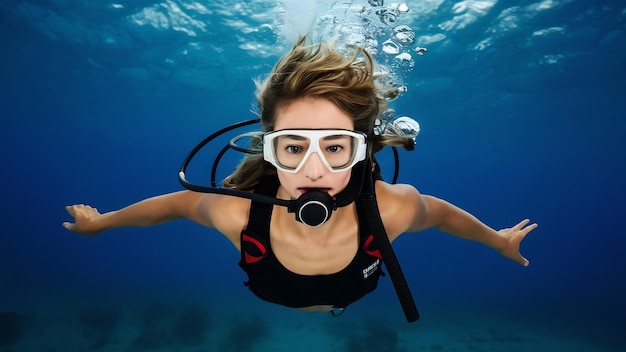 Full shot woman diving with equipment