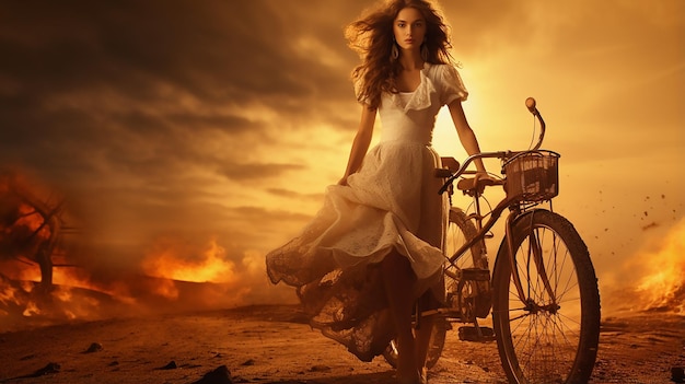 Full shot woman holding bicycle