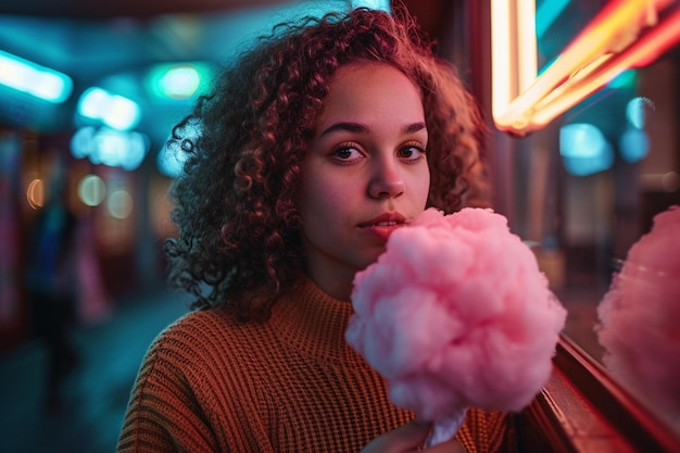 Full shot woman holding cotton candy