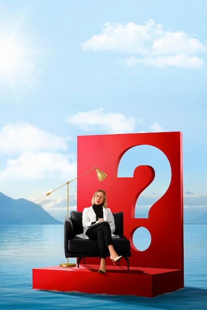 Photo full shot woman on lake with question mark