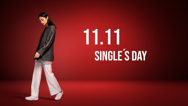 Full shot woman single's day banner