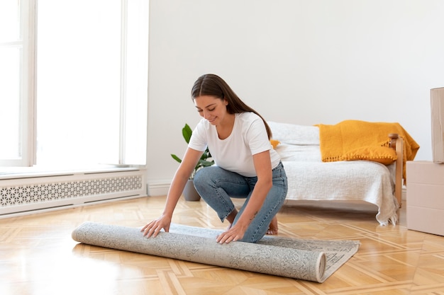 Full shot woman unfolding carpet