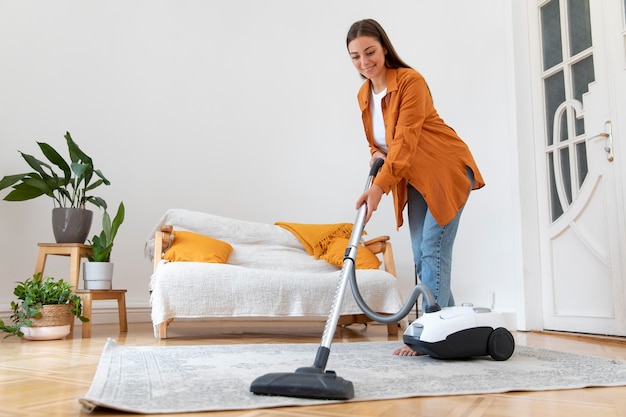 Photo full shot woman vacuuming carpet