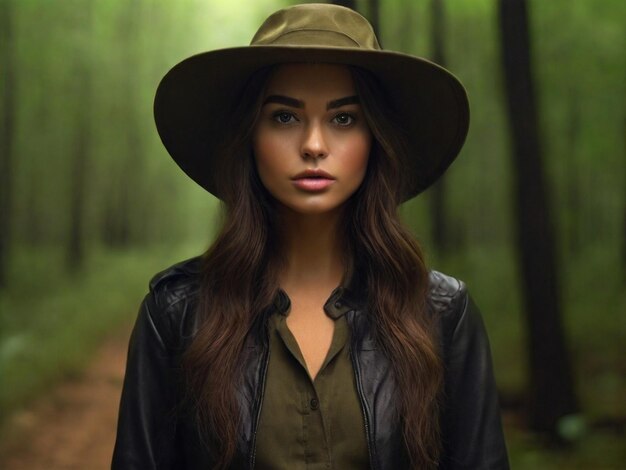 Full shot woman wearing hat in a forest