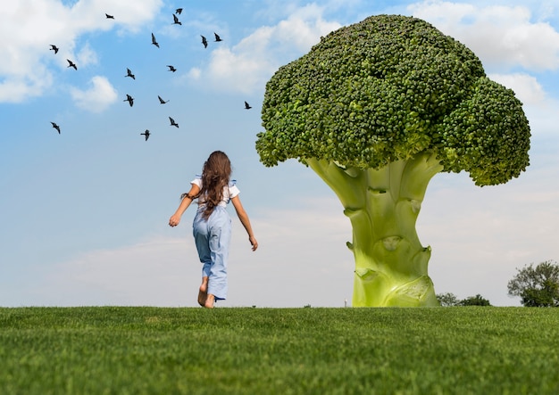 Donna a figura intera con broccoli giganti