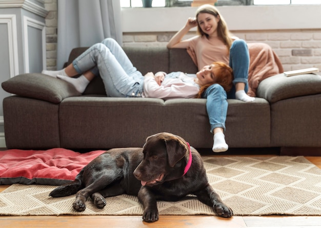 Foto donne del colpo pieno che guardano cane