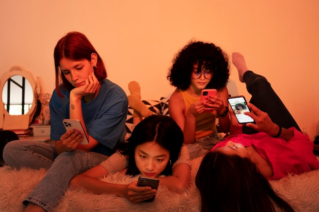 Full shot women with smartphones