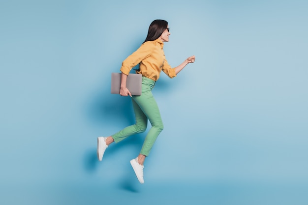 Full size photo of jumping running fast business woman