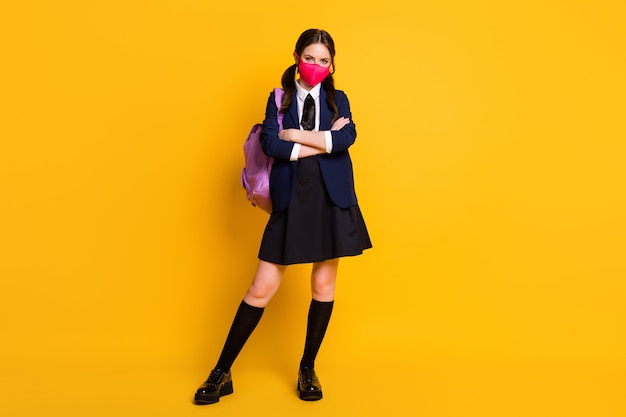 Photo full size photo of smart high school a-level student girl cross hands wear medical mask