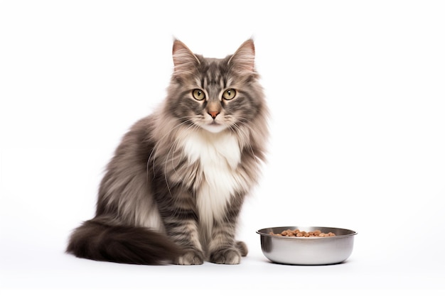 Full size portrait of Norwegian Forest cat with bowl of cat food isolated on white background
