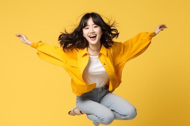 Photo full size profile sid photo of young active crazy girl have fun enjoy run jump happy smile isolated
