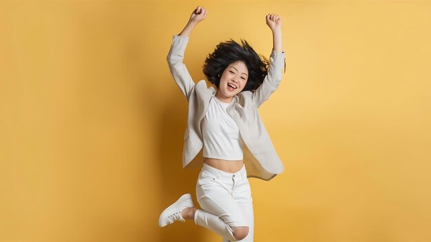 Full size shot of happy asian woman dancing and jumping from happiness winning and celebrating vic