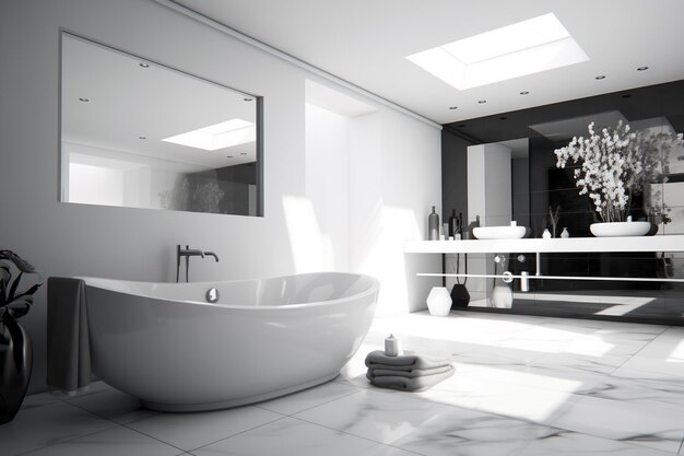 Full of sun light white minimalistic bathroom black and white silver interior elements