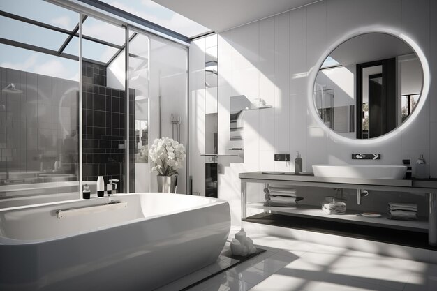 Full of sun light white minimalistic bathroom black and white silver interior elements