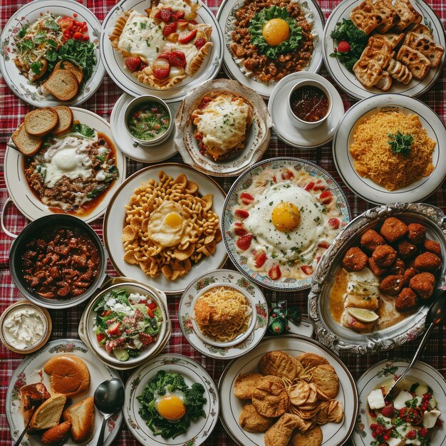 Photo full table of american meals on plates stylize 250 v 6 job id 030836cf6d3142d6b46b69e6254f21ca