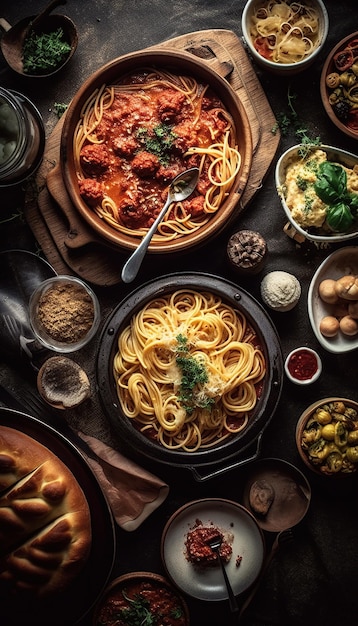 プレート上のイタリア料理の完全なテーブル 黒い背景にピザ ラビオリ カルパッチョ カプリオ サラダとトマトのブルスケッタ トップ ビュー