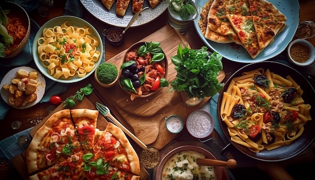 Full table of italian meals on plates Pizza ravioli carpaccio caprese salad and tomato bruschetta on black background Top view