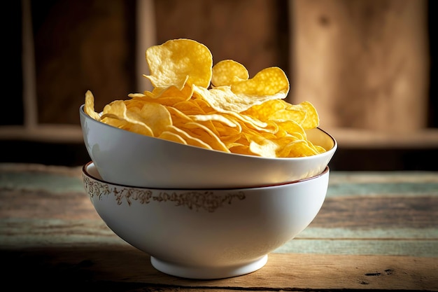 Full to top deep ceramic bowl with potato chips