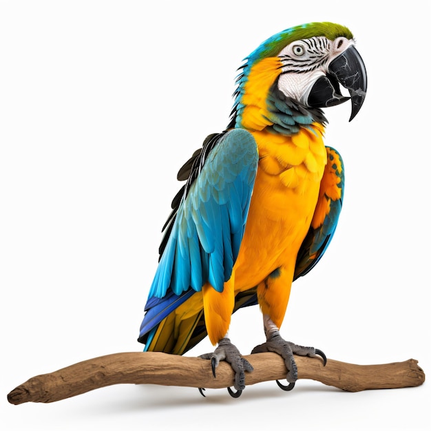 Full view blue and yellow macaw in front of a white background