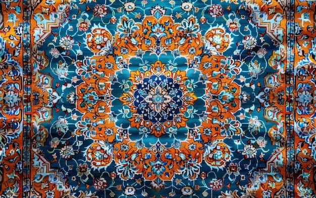 Full view of an ornate Persian rug displaying traditional patterns and a rich color palette great for artistic and cultural themes