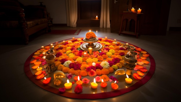 A full view of rangoli in orange and other colors using flowers full HD background