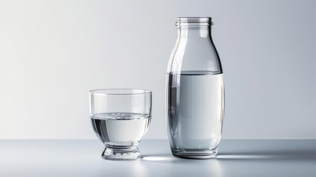Полная бутылка с водой рядом с кристально чистым стаканом, наполненным освежающей водой.