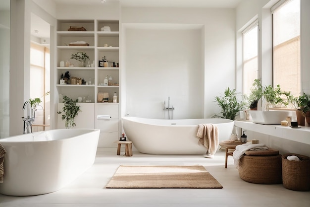 Full white bathroom with bathroom shelves in the corner