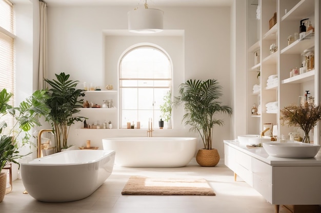 Full white bathroom with bathroom shelves in the corner