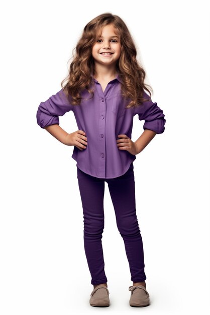 Полноценная милая девушка с длинными волосами и фиолетовой рубашкой изолирована на белом фоне