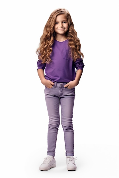 A fullbodied cute girl with long hair and a purple shirt is isolated on a white background