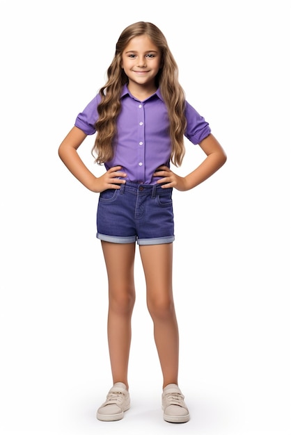 A fullbodied cute girl with long hair and a purple shirt is isolated on a white background