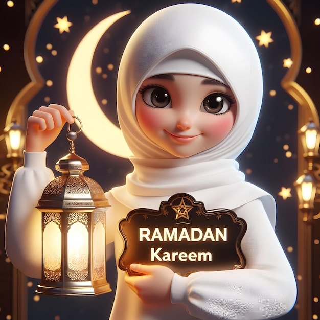 A fullbodied Muslim girl holding a Ramadan lantern and Ramadan Kareem Sign