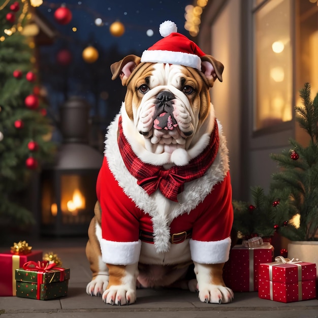 Fullbody bulldog in Christmas costume against an outdoor house with bokeh Christmas background