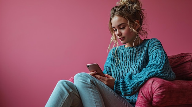 A fullbody image of a cheerful young woman in a blue pullover white trousers sitting on a chair using a mobile phone against a pink backdrop