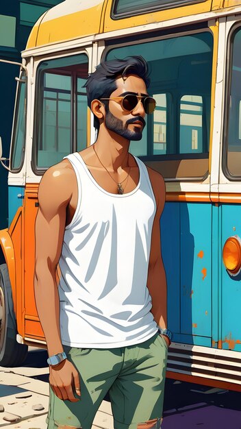 fullbody indian guy wearing sunglasses clear facial beauty wearing blank tank top white color