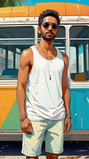 fullbody indian guy wearing sunglasses clear facial beauty wearing blank tank top white color