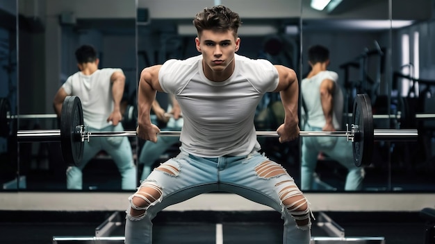 Fullbody portrait of an athletic young male in ripped light blue jeans and blank white shortsleeve