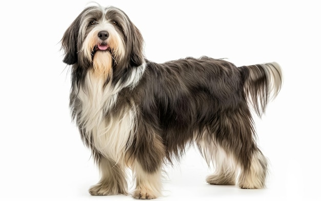 A fullface view of a Bearded Collie standing and looking forward with a panting smile showcasing its friendly demeanor on a white backdrop